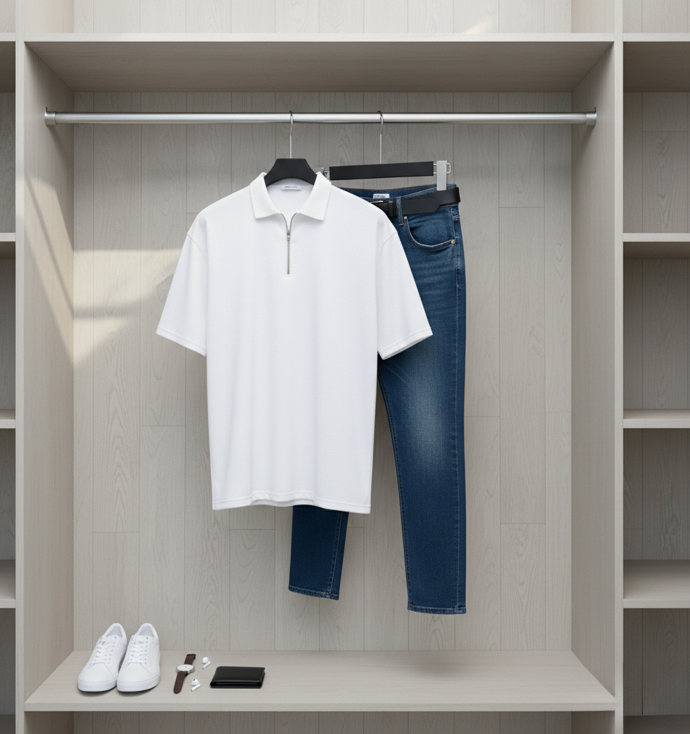 تیشرت مردانه یقه زیپ دار سفید مدل Arban